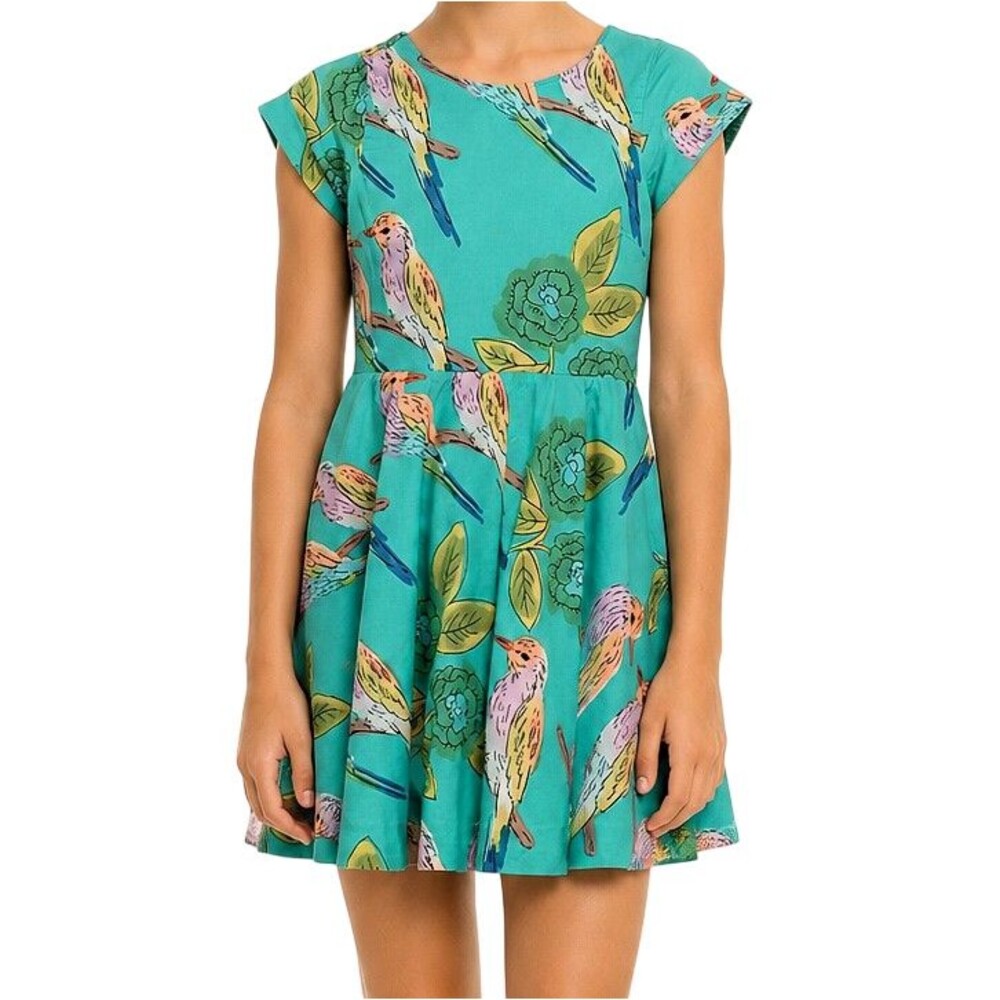Tea Collection Button Back Skirted Dress Girls 12 All-Over Bird & Floral Pattern